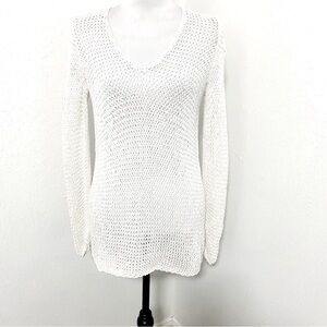 J. Jill Sweater Women Med White Mercerized Cotton Open Knit V-Neck  Cover Up EUC
